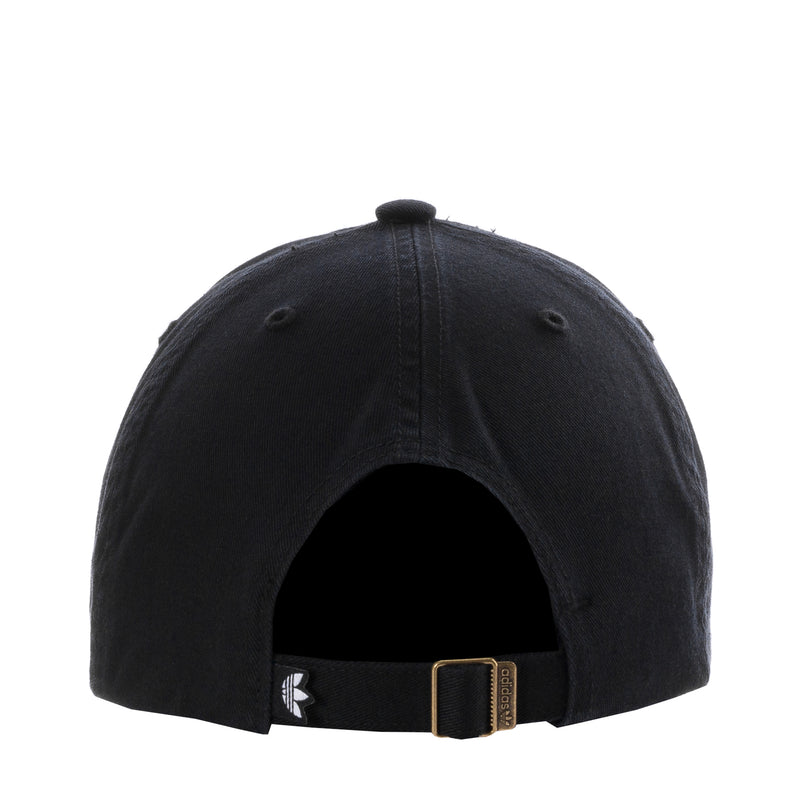 Black 5-panel cap with adjustable strap and gold-tone buckle; back view.