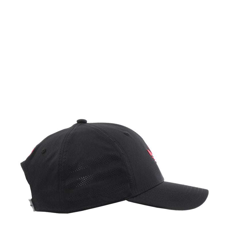 Black snapback cap with textured side panels and red trefoil logo detail.
