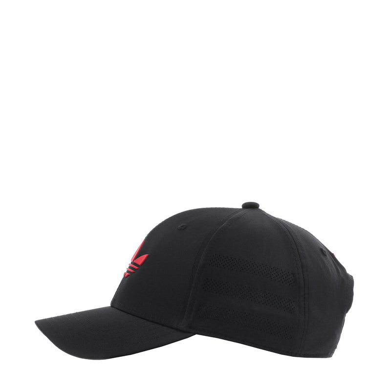 Black snapback cap with red adidas trefoil logo on the side.