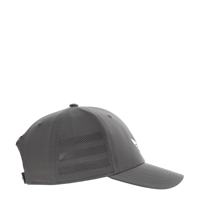 Grey snapback cap with perforated side stripe detailing