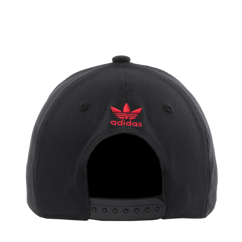 Black snapback cap with red adidas trefoil and wordmark on the front.
