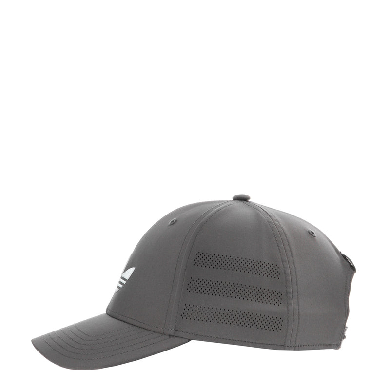 Grey snapback cap with side perforation vents and small white trefoil mark