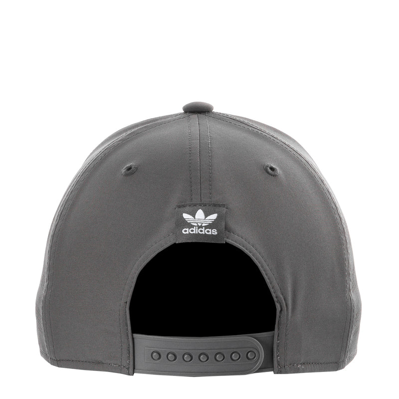 Grey snapback cap back view with adidas logo badge and adjustable strap holes