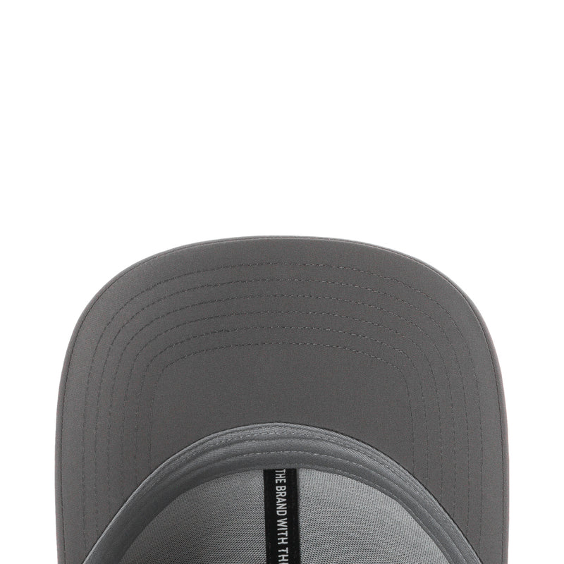 Grey snapback cap inner brim with black label