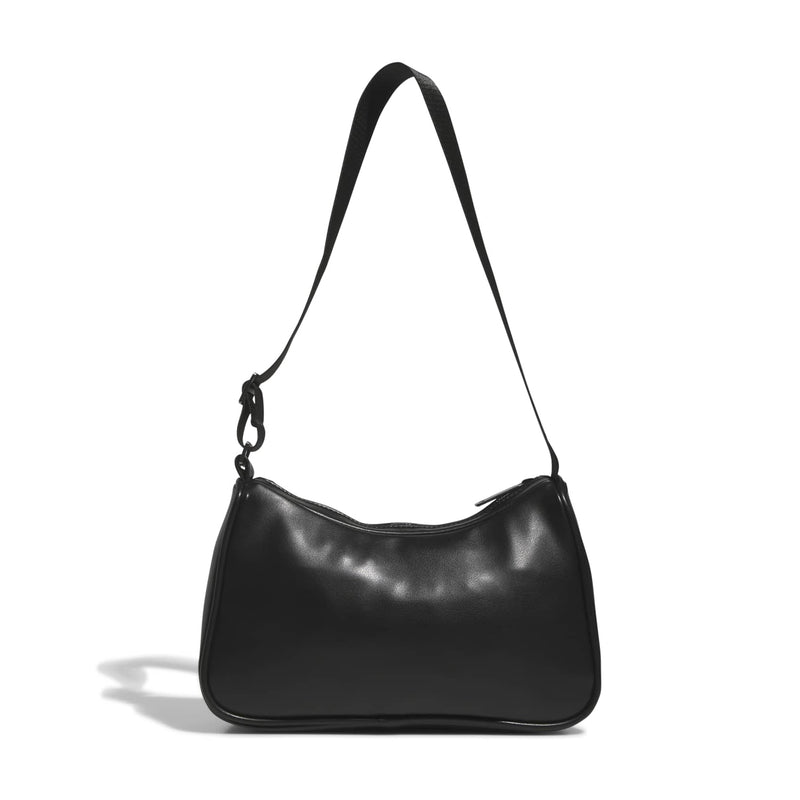 Black shoulder bag with long strap and rounded half-moon shape