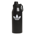 1L stainless steel bottle, matte black with white trefoil logo and carry handle