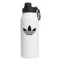 1L stainless steel bottle with white body, black cap, and trefoil-style logo
