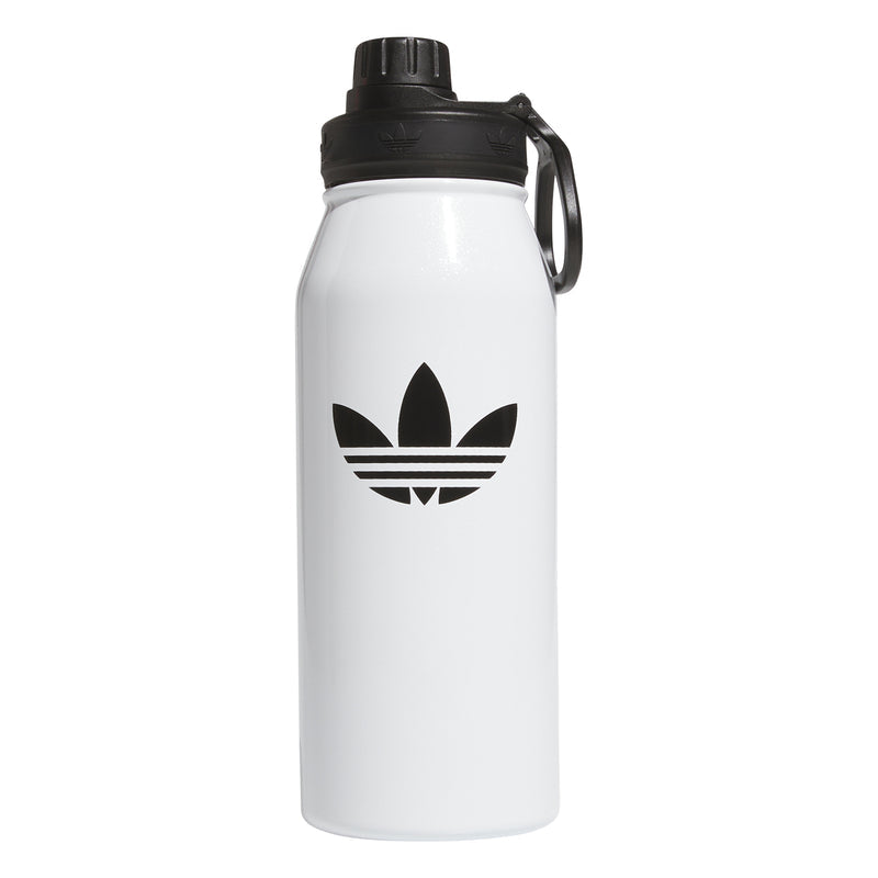 1L stainless steel bottle with white body, black cap, and trefoil-style logo
