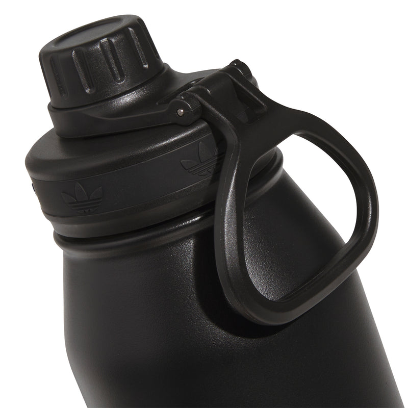 Matte black 1L bottle with screw cap and loop handle, side view