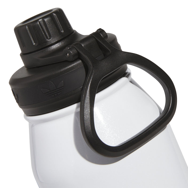 1L stainless steel bottle, white with black flip cap and carry handle loop