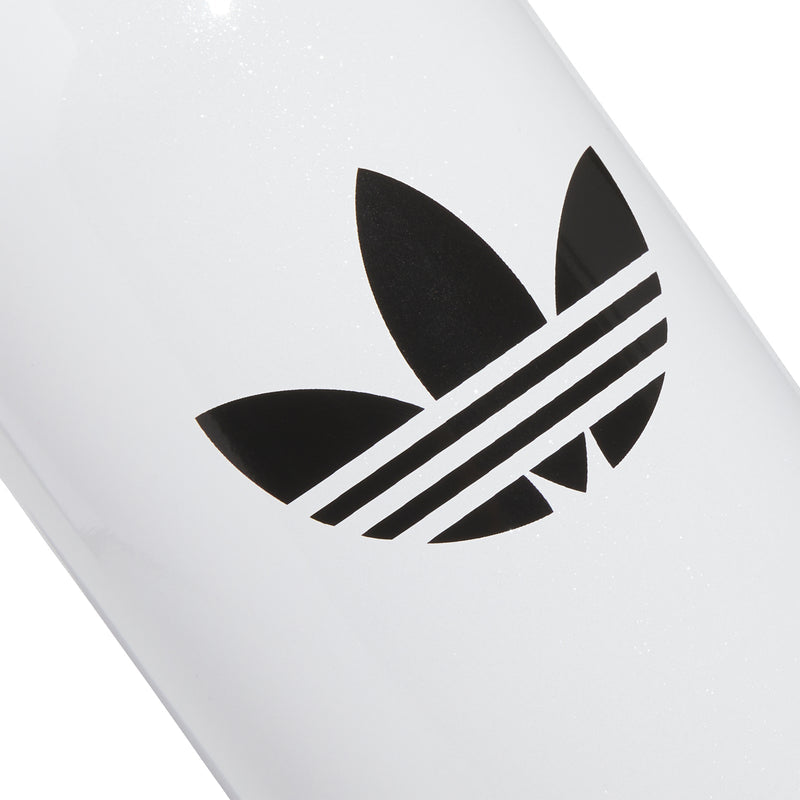 1L stainless steel bottle with black trefoil-style logo on white surface