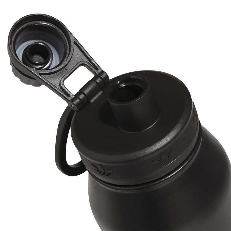 Black 1L bottle lid with drinking spout and loop handle, top view
