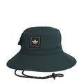 Dark green boonie hat with front logo patch and patterned chin strap, side view