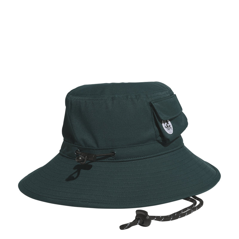 Dark green utility boonie hat with chin strap and drawstring cords, front view