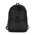 Utility mini sling bag, black fabric with front flap pocket and cinch cords