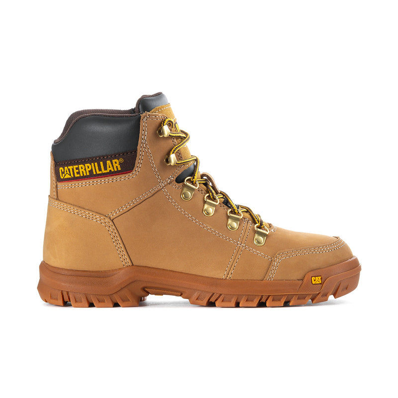 Wheat steel-toe lace-up work boot with yellow laces, dark collar, Caterpillar patch