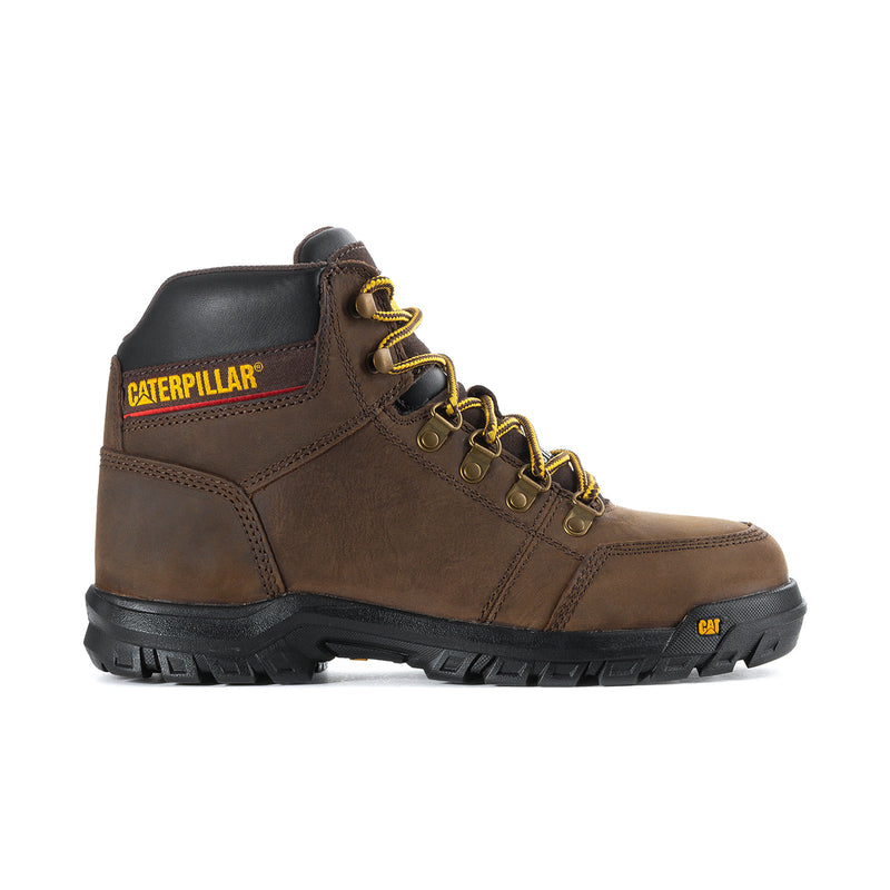 Dark brown steel toe work boot with lace-up closure and rugged tread sole