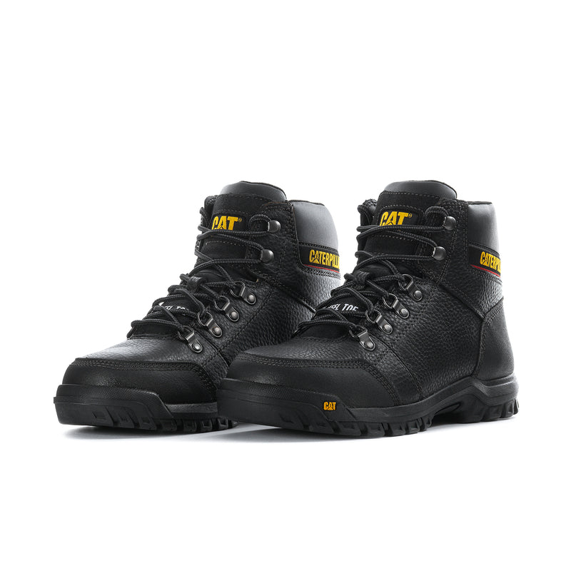Pair of men's black steel toe work boots, CAT and Caterpillar branding