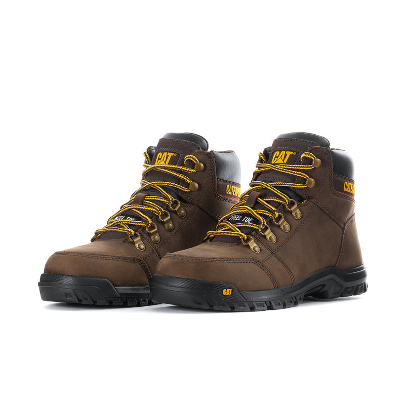 Pair of dark brown steel toe lace-up work boots with yellow laces and thick outsole
