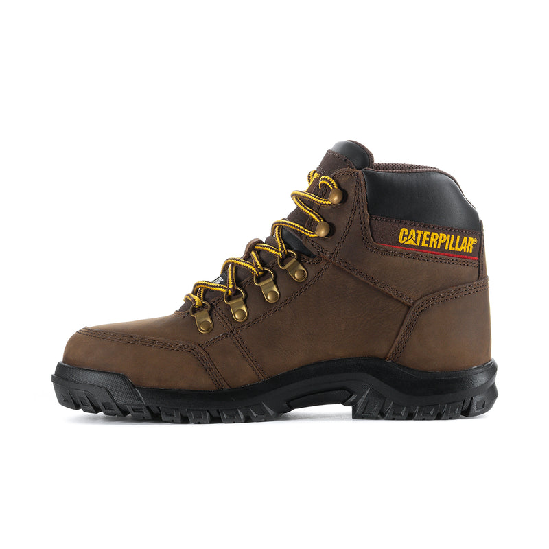 Dark brown steel toe lace-up work boot with Caterpillar logo patch and textured side panels