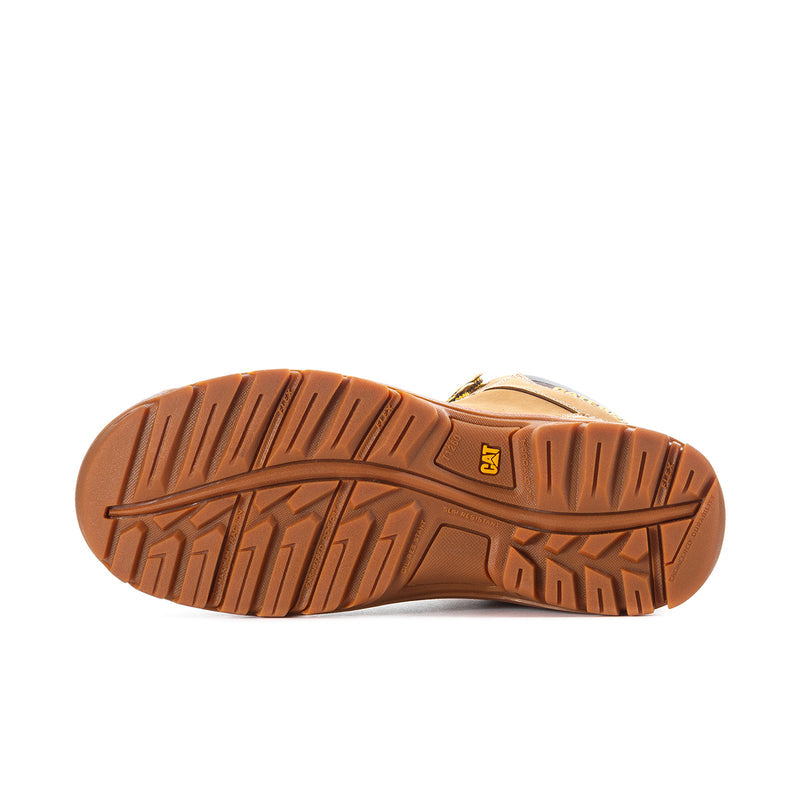 Wheat steel-toe boot outsole with deep tread and Caterpillar logo on the heel