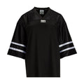 Black oversized women's football jersey, V-neck, white sleeve stripes