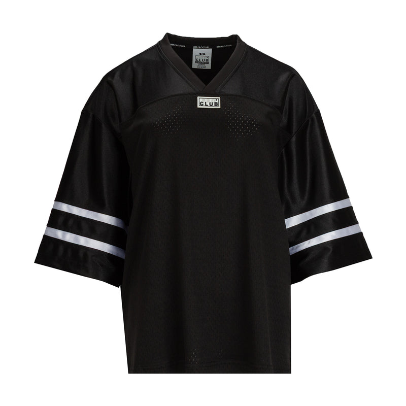 Black oversized women's football jersey, V-neck, white sleeve stripes