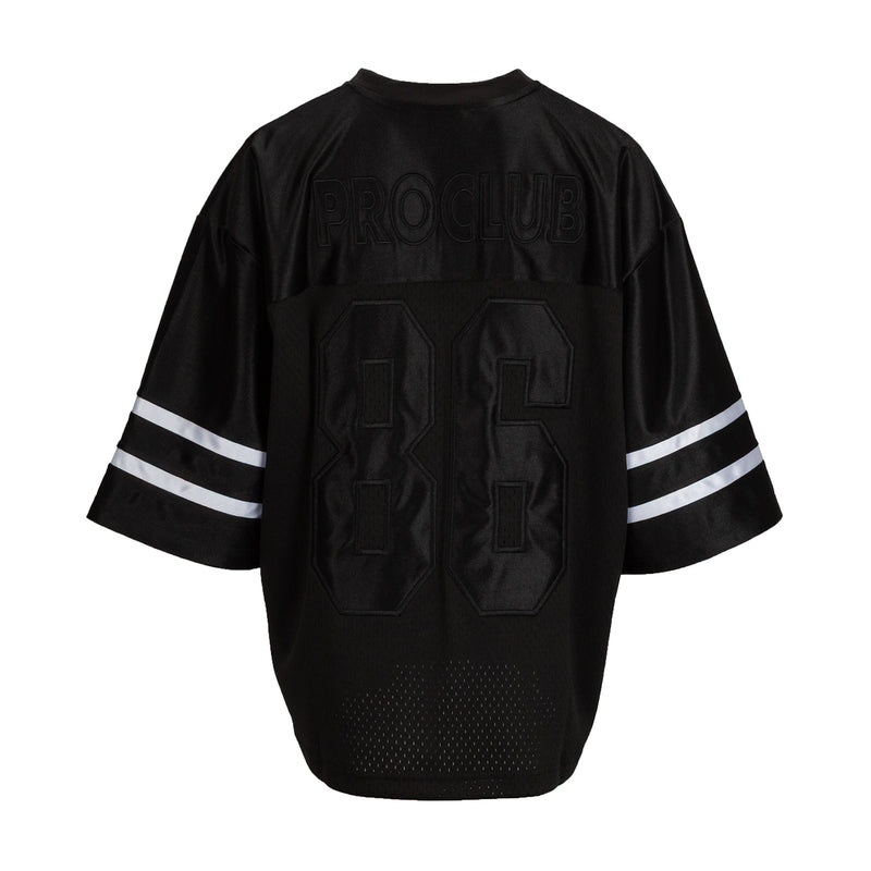 Black oversized women's football jersey back with large 83 graphic and sleeve stripes