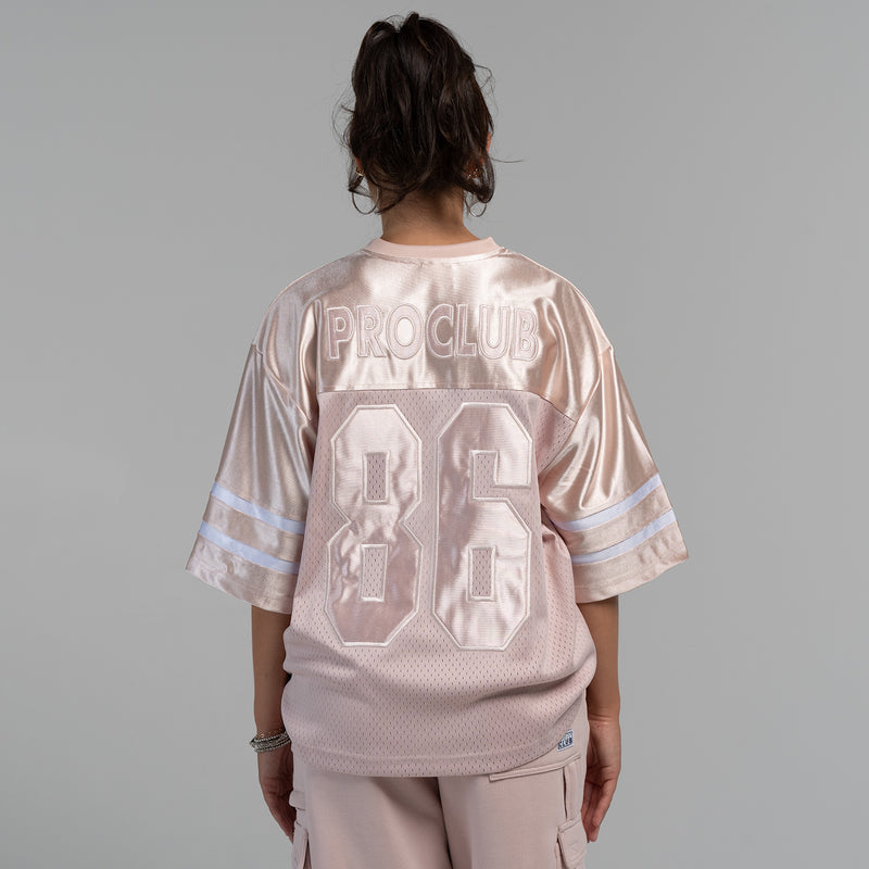 Womens oversized football jersey back in sepia rose with PRO CLUB 06 print and striped sleeves