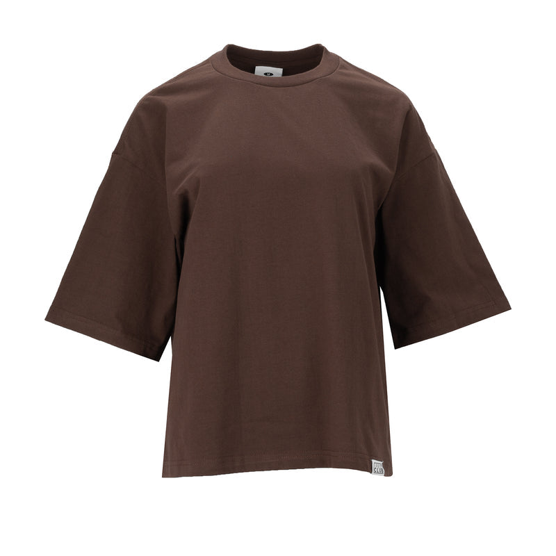 Chocolate brown women's oversized T-shirt with crew neck and short sleeves