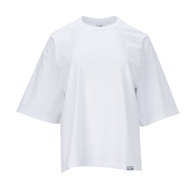 Oversized white women's tee with crew neck and short sleeves, front view