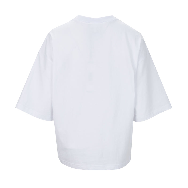 Oversized white women's tee with crew neck and short sleeves, back view