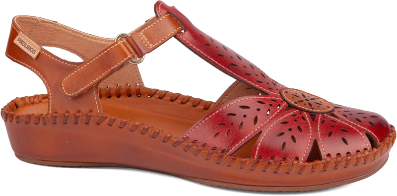 Red sandal with cut-out design on a white background