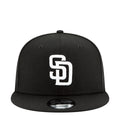 Black baseball cap with white Padres logo on front panel