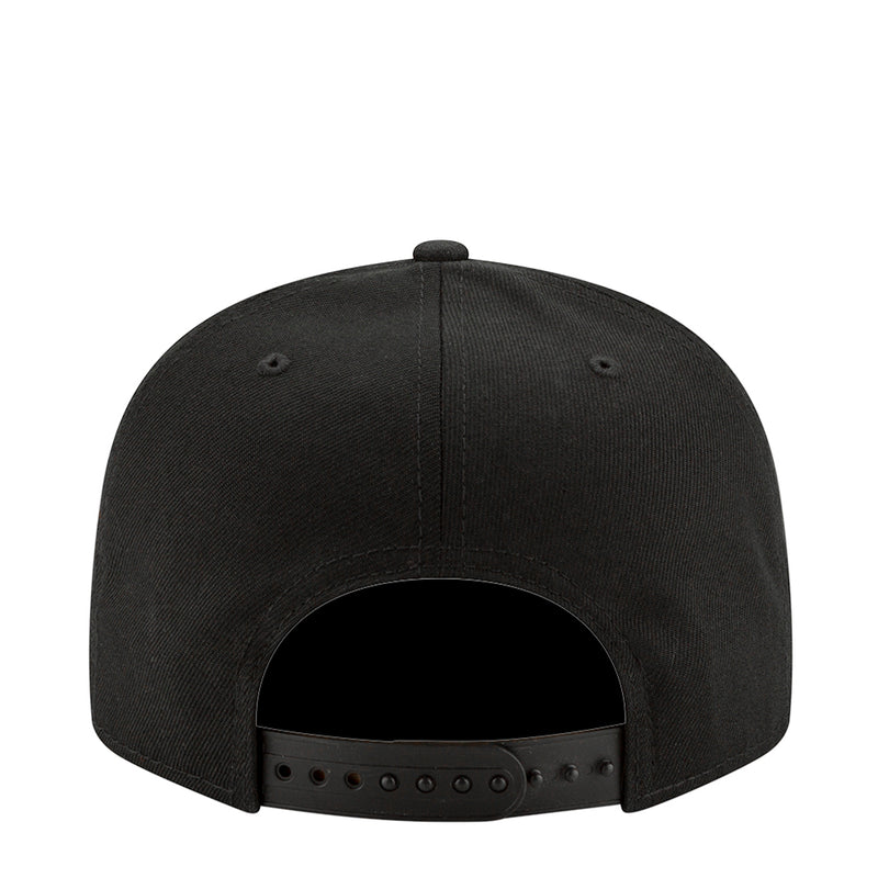 Black baseball cap back view with adjustable snap strap