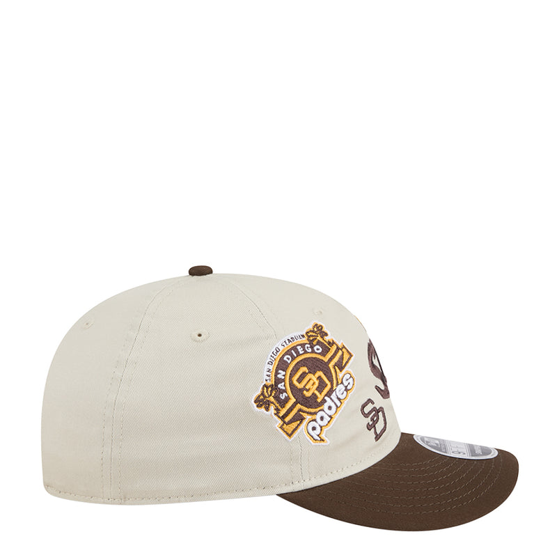 Cream and brown Padres baseball cap with side 59 logo patch and SD emblem