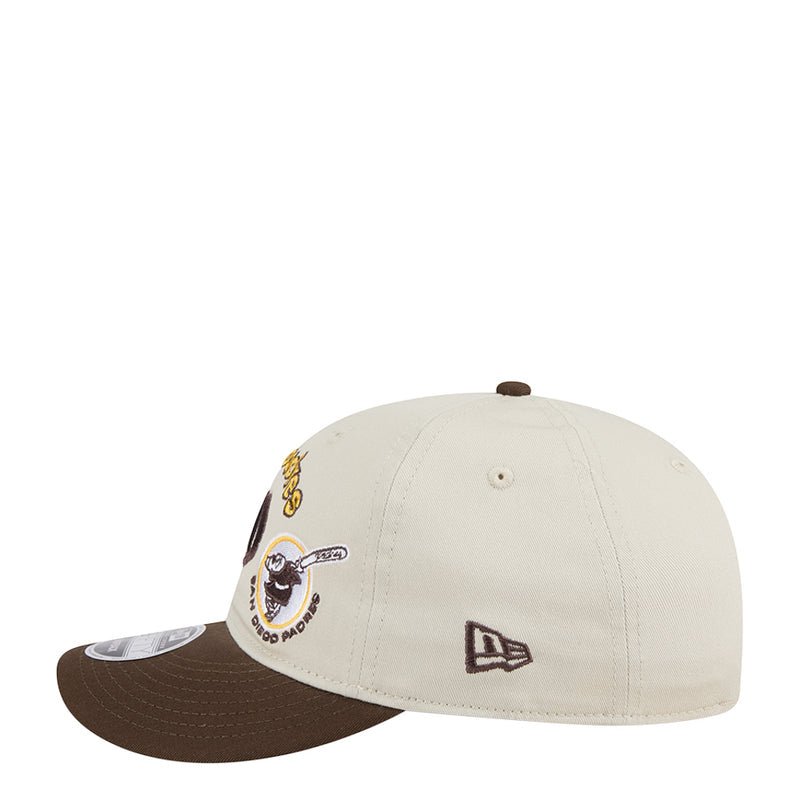 Cream and brown Padres baseball cap with small logo patch and New Era flag