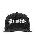 Black baseball cap with white script logo on the front and flat brim