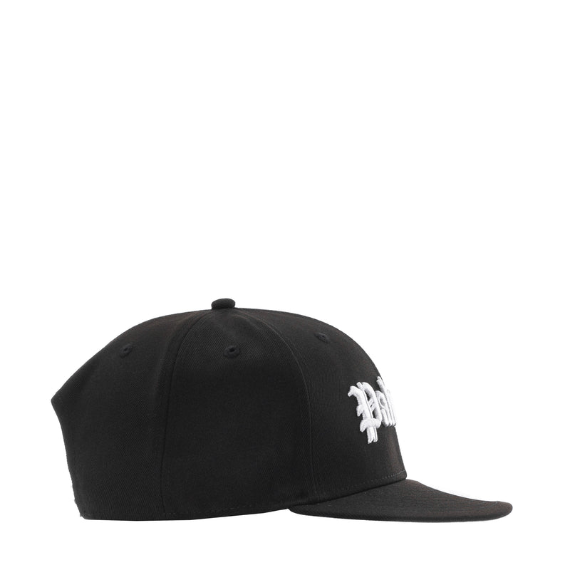 Black baseball cap with small white script logo on the side and flat brim