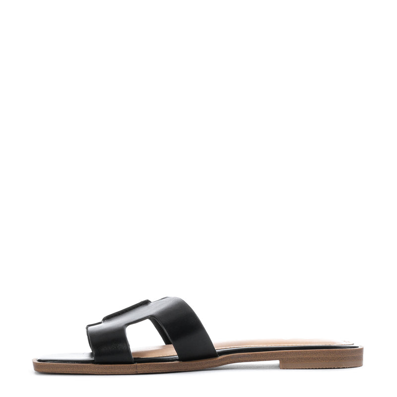 Women's black H-band slide sandals, low profile with flat tan outsole