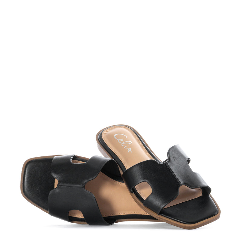 Women's black slide sandals with H-shaped straps and cushioned footbed