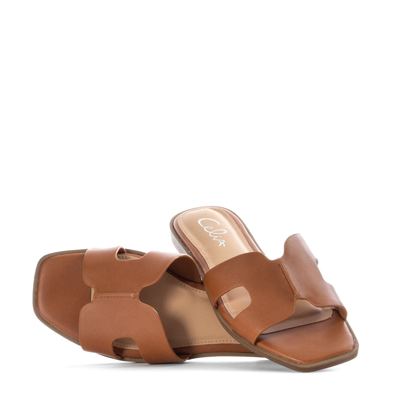 Cognac slip-on slide sandals, open toe with H strap