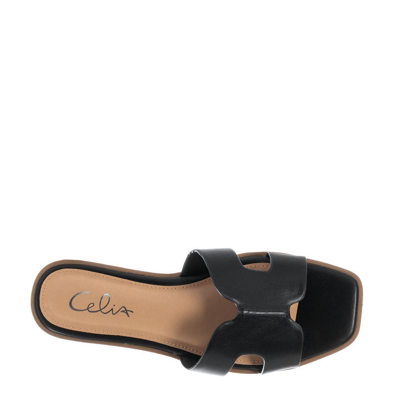 Women's black H-band slide sandals, Celix logo on tan footbed