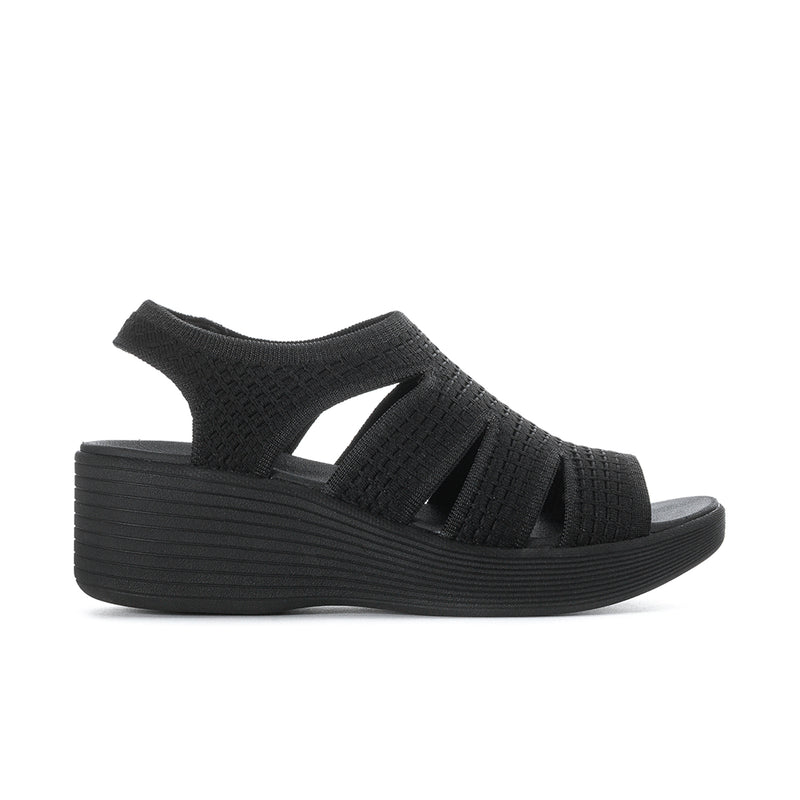 Black women's slingback platform sandal with stretchy knit upper and wide straps