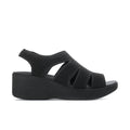 Black women's slingback platform sandal with stretchy knit upper and wide straps