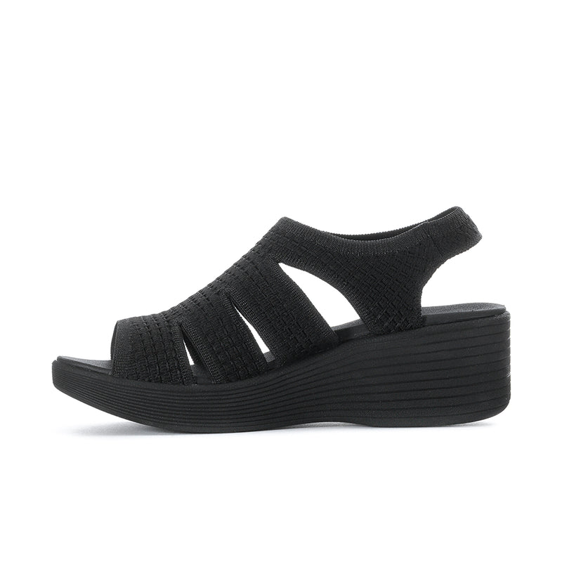 Black women's slingback platform sandal with open toe and textured knit upper