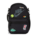Black patch lunch tote with front zipper pocket and colorful Nike-style patches