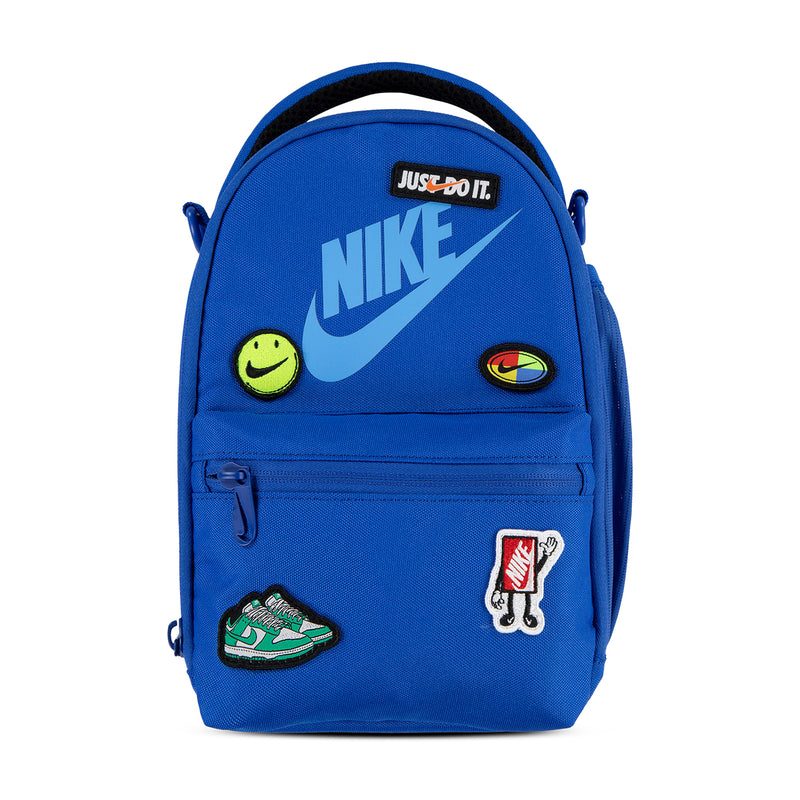 Blue lunch tote bag with smiley, Nike, and sneaker patches and zip front pocket
