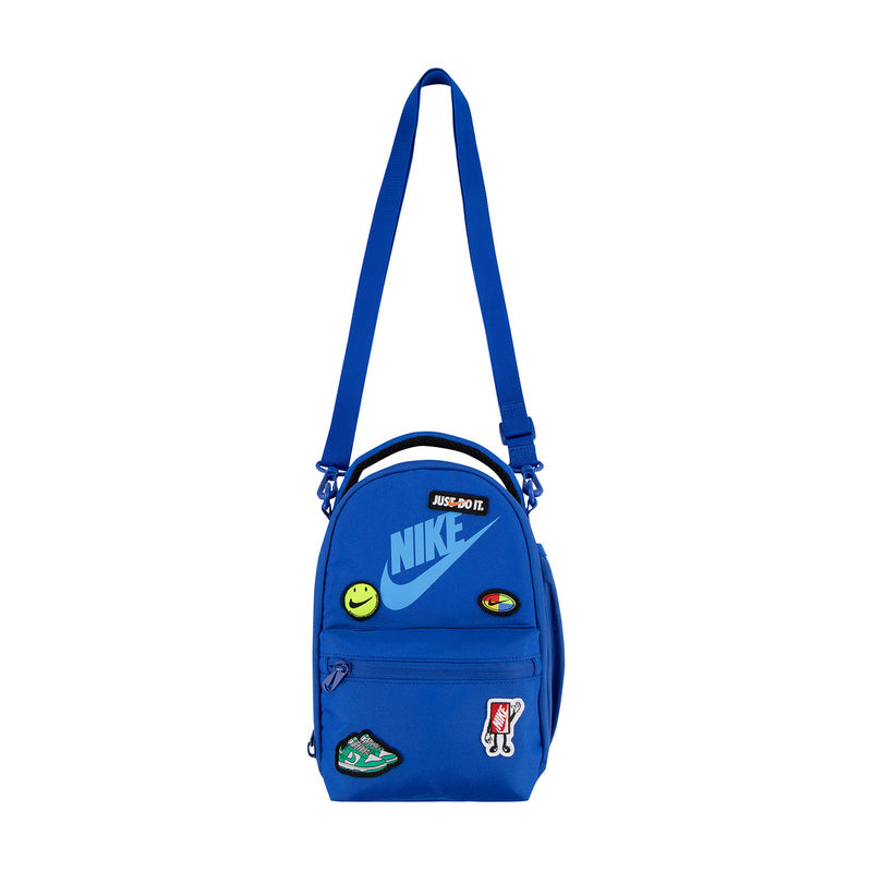 Blue lunch tote bag with shoulder strap and colorful stitched patch graphics