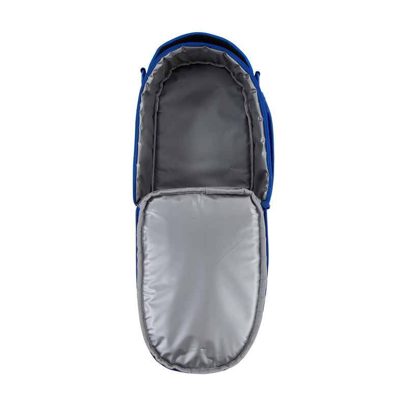 Blue lunch tote bag with open top and gray interior lining